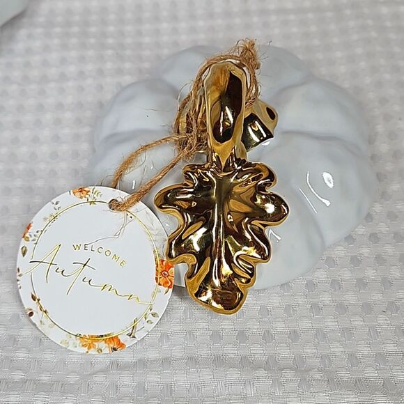 14 oz White & Gold Covered Pumpkin Bow with Handles -  NIB - Picture 7 of 9